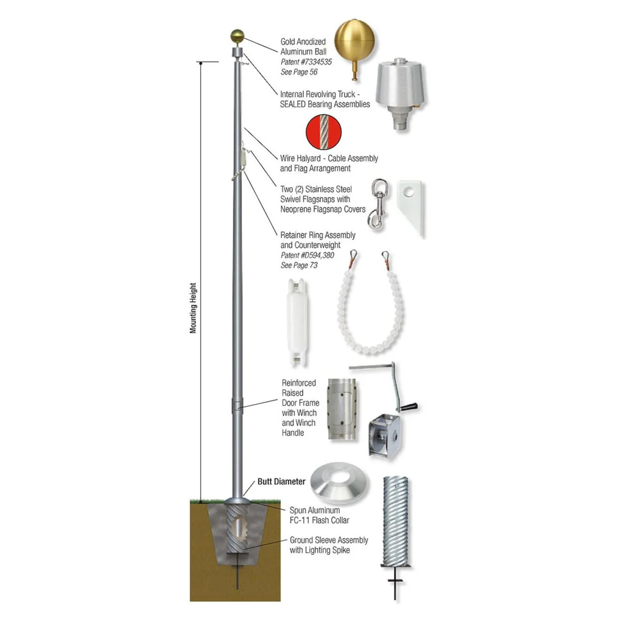 Sovereignty Series 20ft Commercial Flagpole - .156in Wall Thickness - 6in Butt Diameter - Image 4