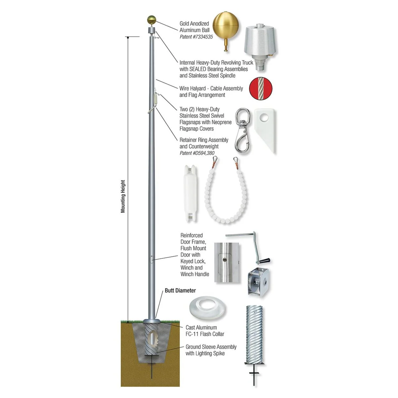 Xtreme Internal Reinforced with Winch Series 35ft 2 Sections Commercial Flagpole - .250in Wall Thickness - 8in Butt Diameter - Image 2