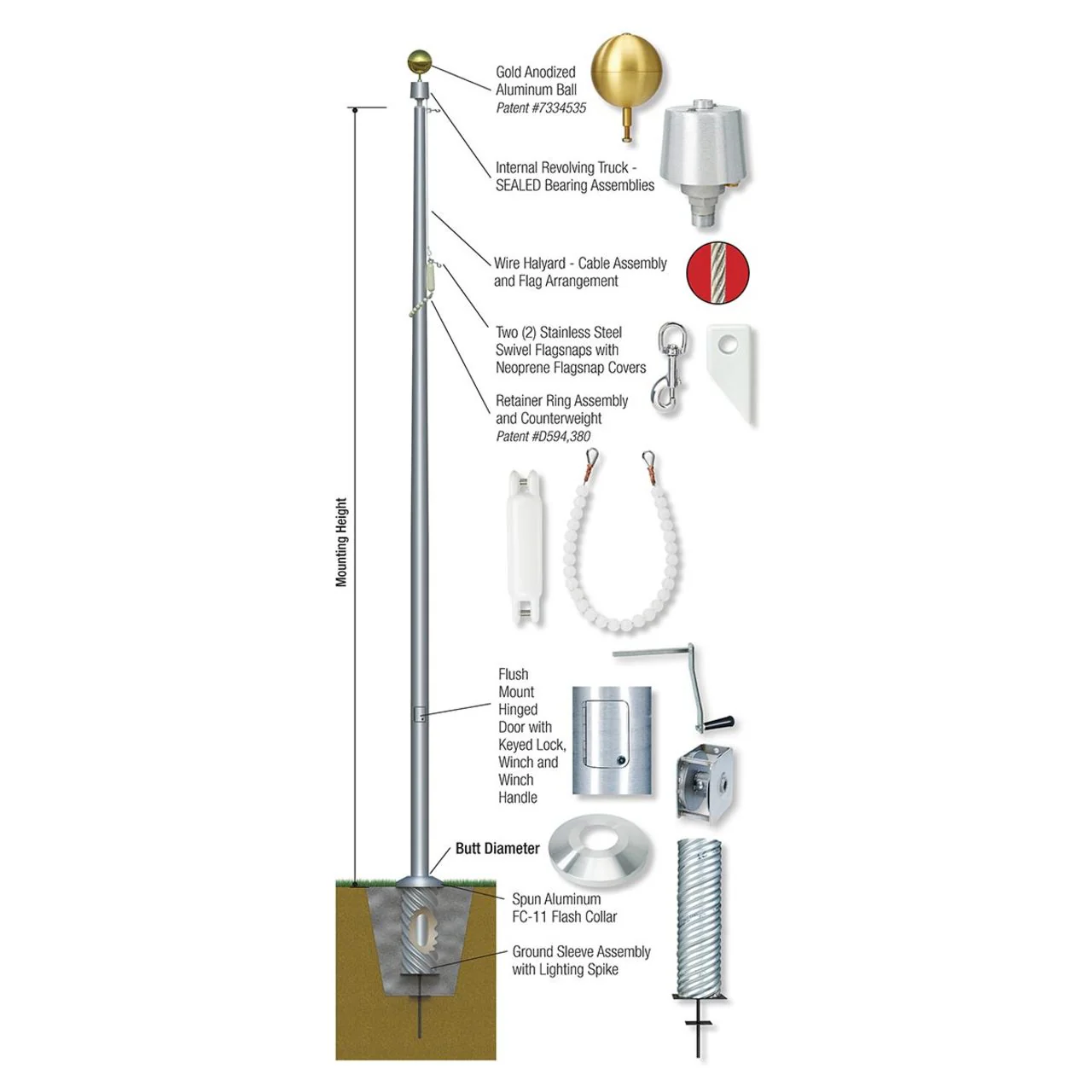 Titan Series 70ft 3 Sections Commercial Flagpole - .250in Wall Thickness - 12in Butt Diameter - Image 2
