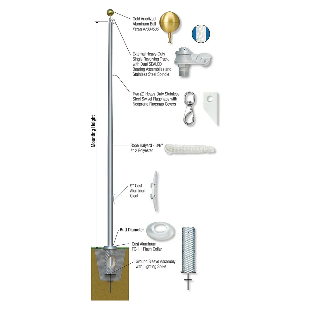 Xtreme External Single Revolving Series 70ft 3 Sections Commercial Flagpole - .375in Wall Thickness - 12in Butt Diameter - Image 2