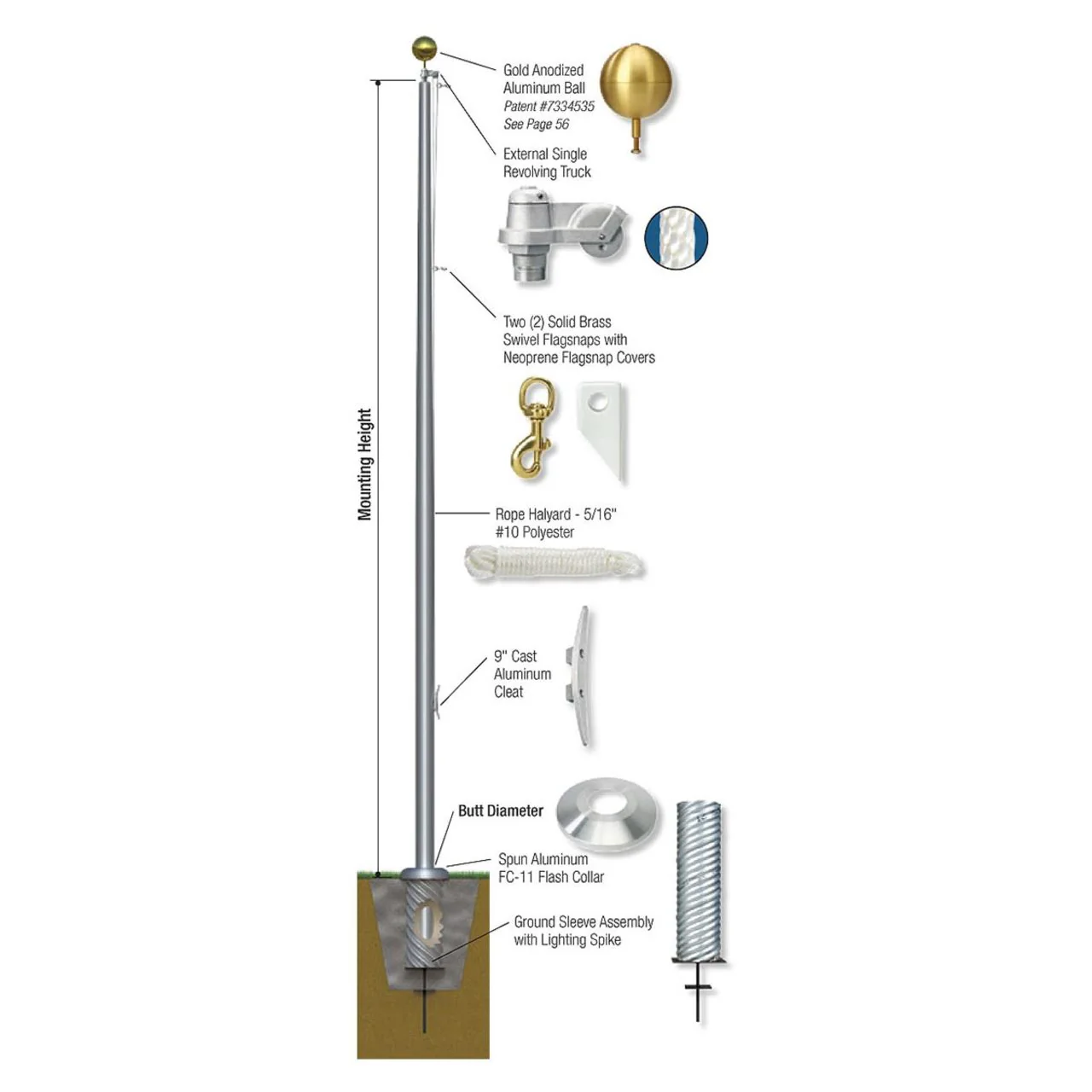 Continental Series 80ft 3 Sections Commercial Flagpole - .375in Wall Thickness - 12in Butt Diameter - Image 3