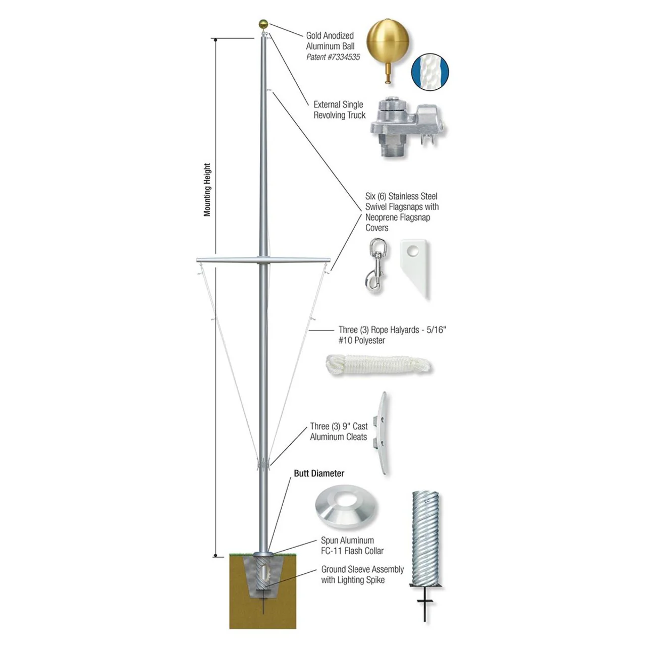 Nautical Single Mast Series 80ft 3 Sections Commercial Flagpole - .375in Wall Thickness - 12in Butt Diameter - Image 2