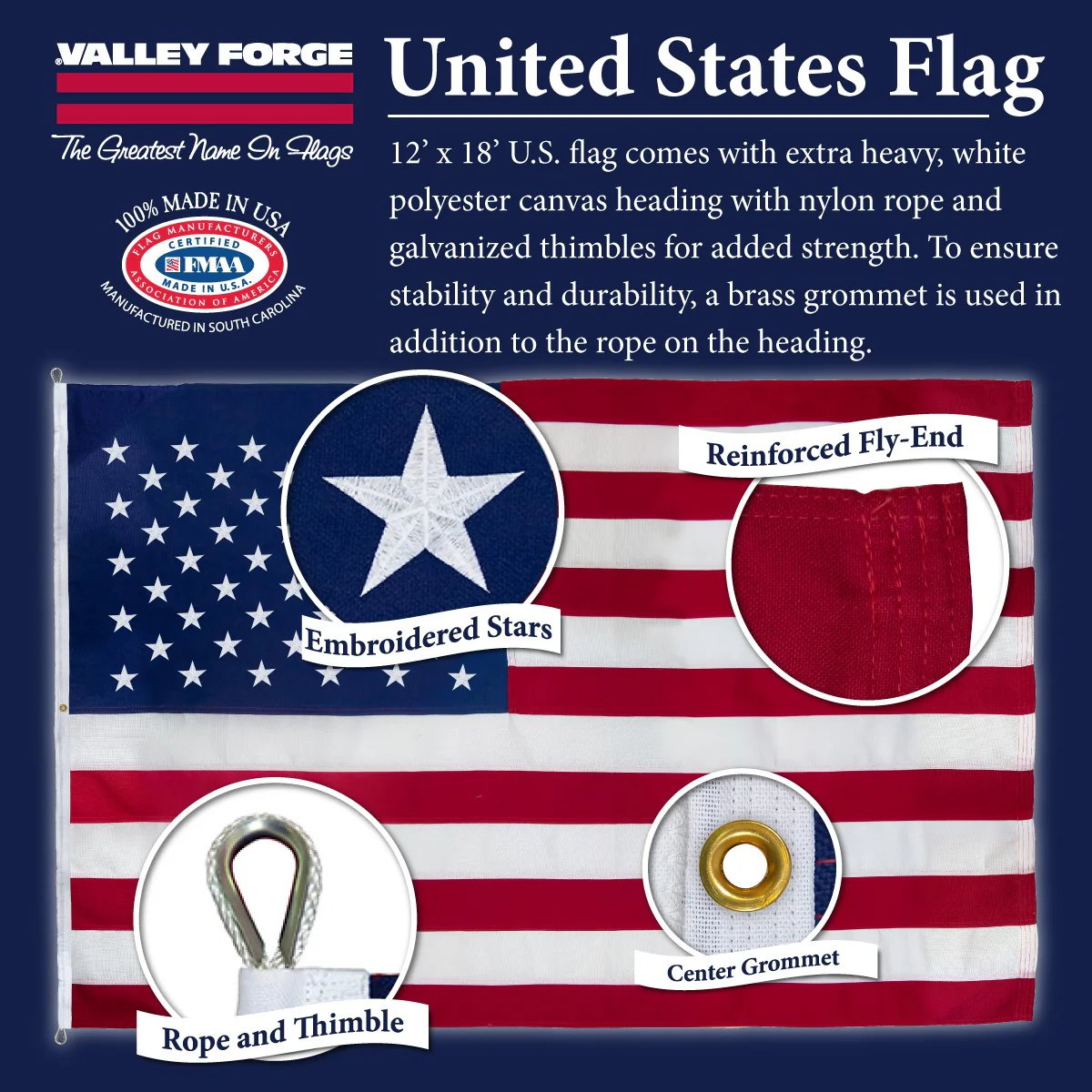 American Flag 12ft x 18ft Valley Forge Koralex II 2-Ply Sewn Polyester - Image 3