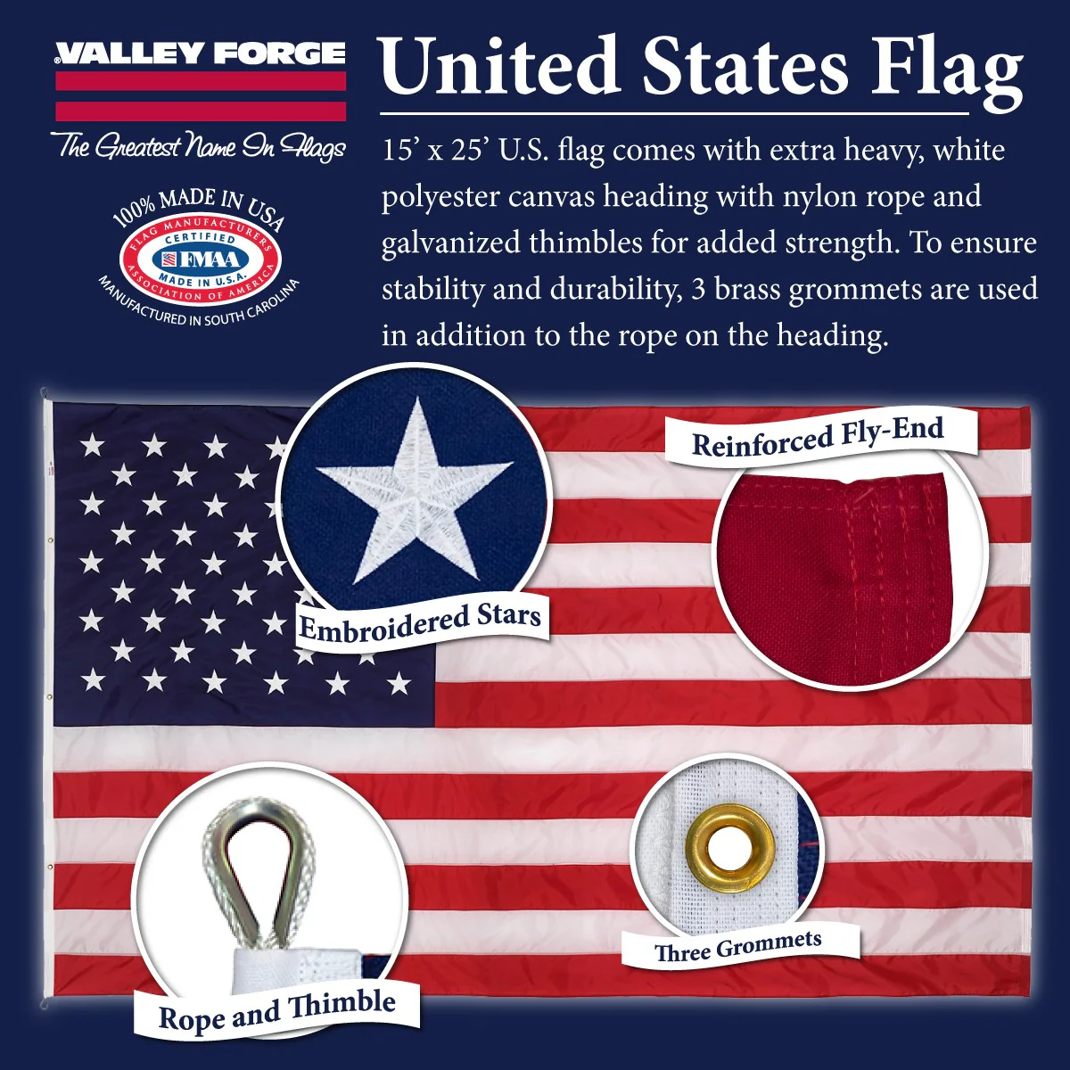 Valley Forge Perma-Nyl 15ft x 25ft Nylon American Flag - Image 2