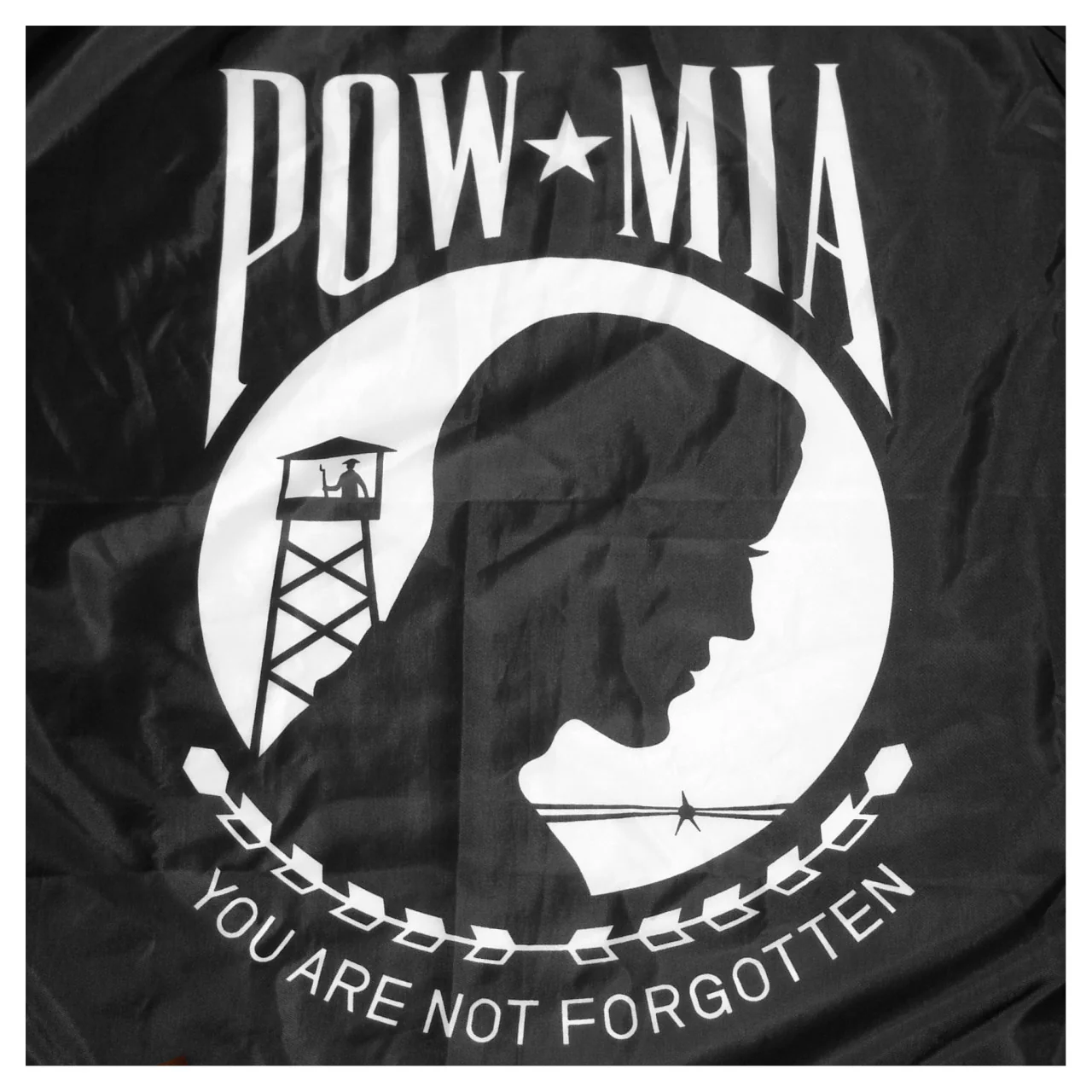 Indoor POW MIA Flag 3ft x 5ft Nylon - Single-Sided - Silver Fringe - Image 3