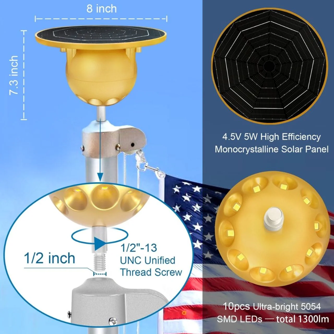 Solar LED Flag Pole Ball Topper Light - 10 LEDs - White/Black/Gold/Silver Finish - Image 11