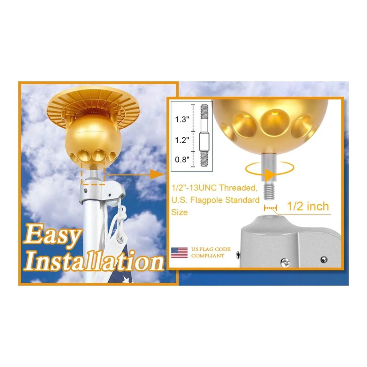 Solar LED Flag Pole Ball Topper Light - 10 LEDs - White/Black/Gold/Silver Finish - Image 12