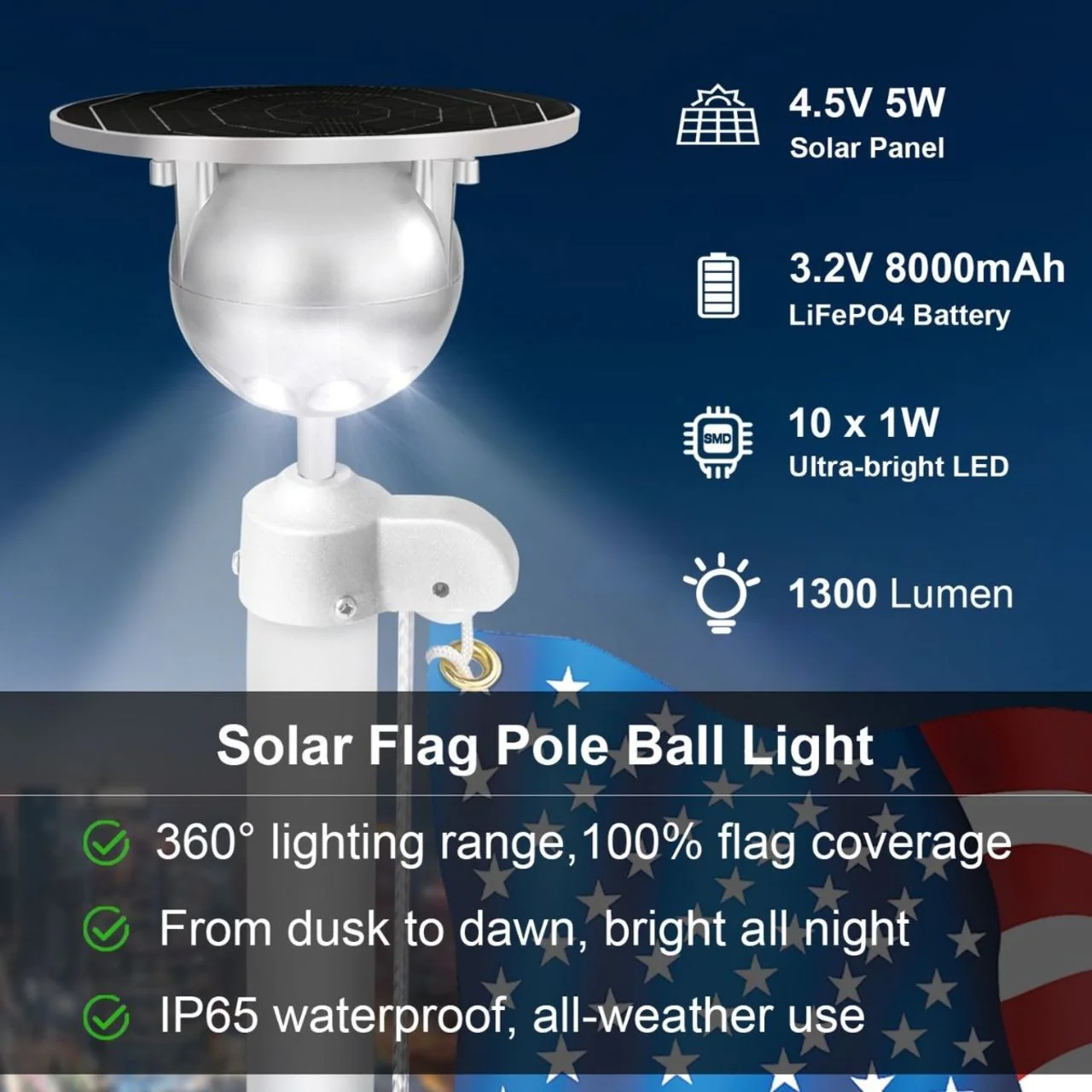 Solar LED Flag Pole Ball Topper Light - 10 LEDs - White/Black/Gold/Silver Finish - Image 19