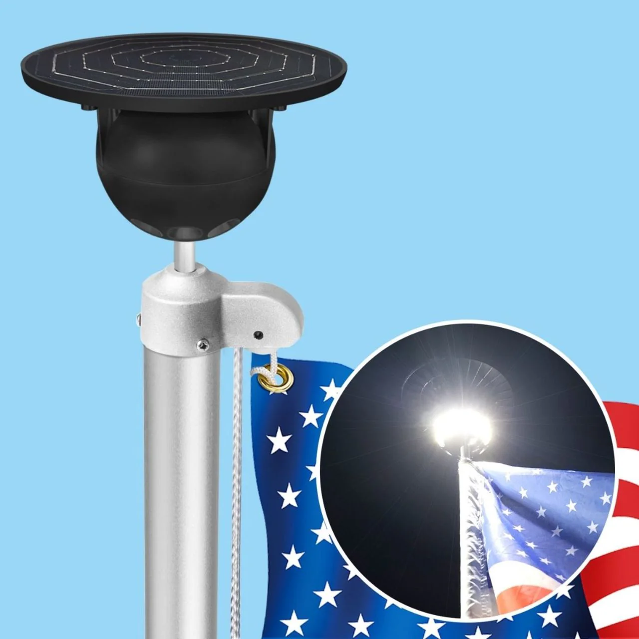 Solar LED Flag Pole Ball Topper Light - 10 LEDs - White/Black/Gold/Silver Finish - Image 3