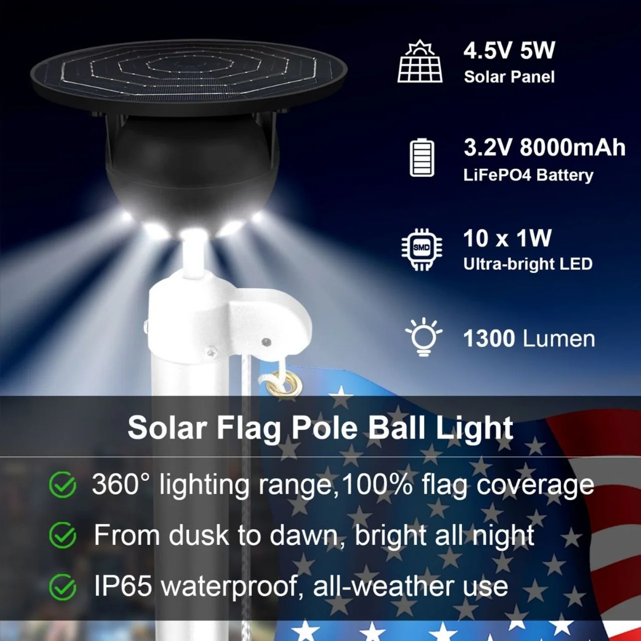 Solar LED Flag Pole Ball Topper Light - 10 LEDs - White/Black/Gold/Silver Finish - Image 4