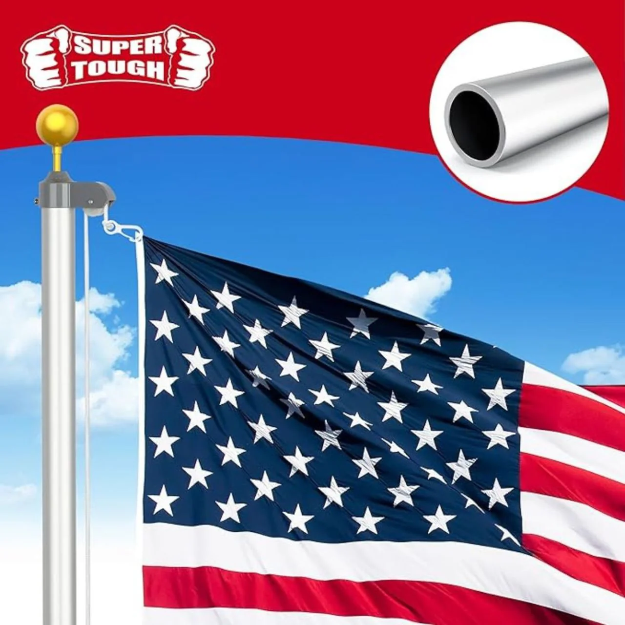 Super Tough 20ft Aluminum Sectional Residential Flagpole Kit - Silver - Image 3