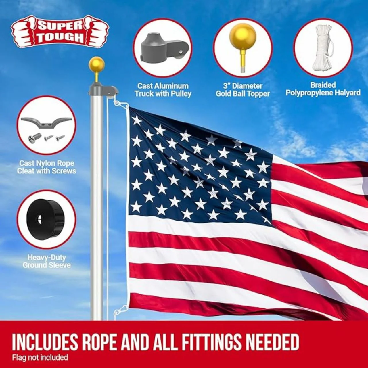 Super Tough 20ft Aluminum Sectional Residential Flagpole Kit - Silver - Image 6