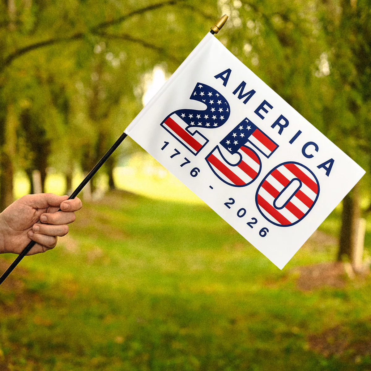 USA 250th Anniversary 12x18" Single-Sided Polyester Stick Flag with White Background - 30" Natural Wood Staff - Minimum of 6
